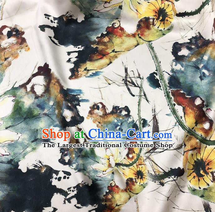 Chinese Classical Lotus Pattern Design White Gambiered Guangdong Gauze Fabric Asian Traditional Cheongsam Silk Material