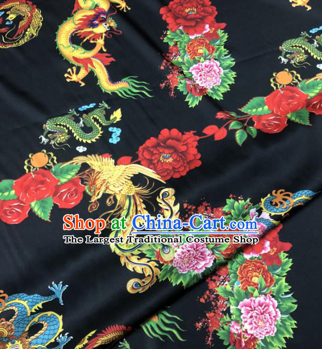 Chinese Classical Dragon Phoenix Peony Pattern Design Black Gambiered Guangdong Gauze Fabric Asian Traditional Cheongsam Silk Material