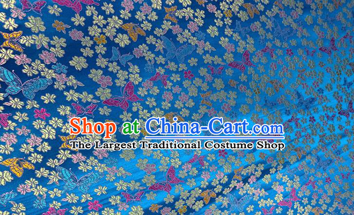 Chinese Classical Butterfly Plum Pattern Design Blue Brocade Fabric Asian Traditional Satin Tang Suit Silk Material