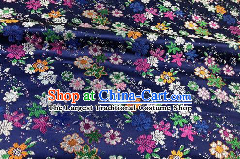 Japanese Kimono Classical Florescence Pattern Design Navy Brocade Fabric Asian Traditional Satin Silk Material