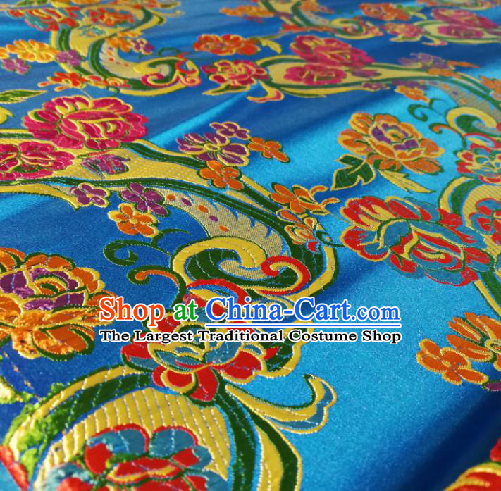 Chinese Royal Loquat Flower Pattern Design Blue Nanjing Brocade Fabric Asian Traditional Satin Silk Material