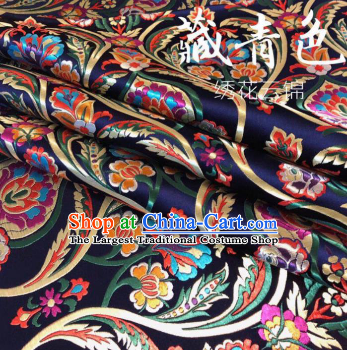 Chinese Classical Embroidered Pattern Design Navy Nanjing Brocade Fabric Asian Traditional Satin Silk Material