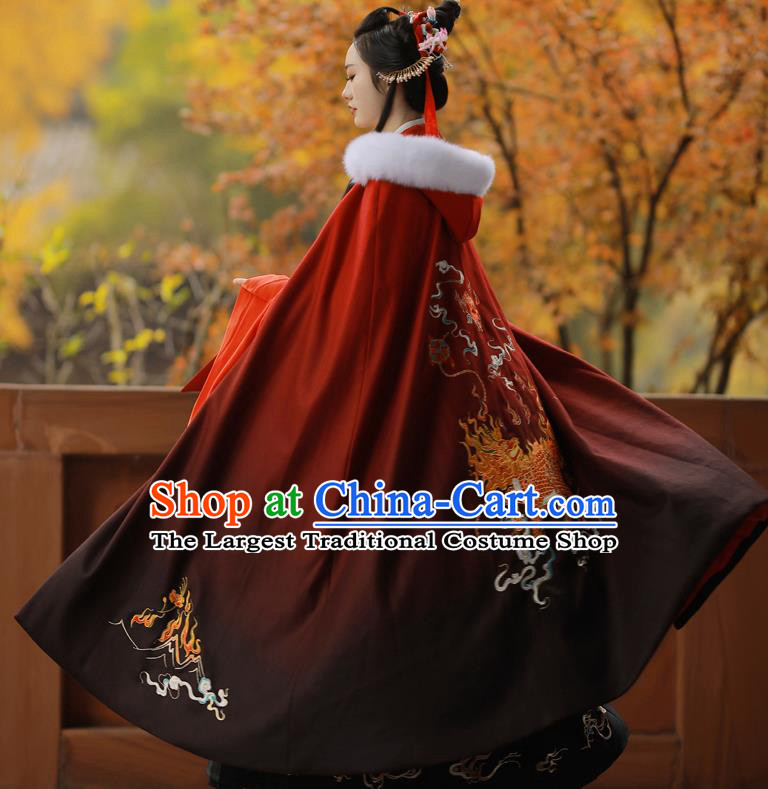 Chinese Ancient Princess Embroidered Kylin Red Cloak Traditional Ming Dynasty Court Lady Costume for Women