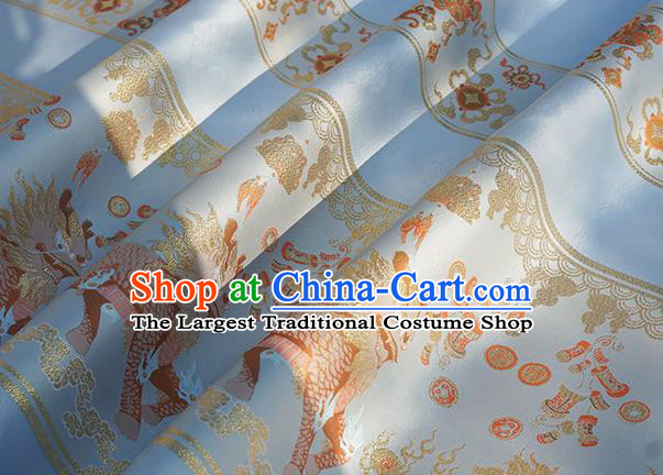 Chinese Royal Kylin Pattern Design Light Blue Brocade Fabric Asian Traditional Horse Face Skirt Satin Silk Material