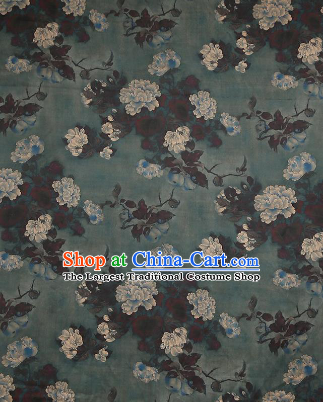 Chinese Classical Printing Peony Pattern Design Atrovirens Gambiered Guangdong Gauze Fabric Asian Traditional Cheongsam Silk Material