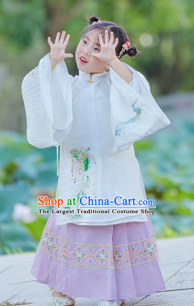 Chinese Traditional Girls Embroidered White Gown and Lilac Skirt Ancient Ming Dynasty Princess Costume for Kids