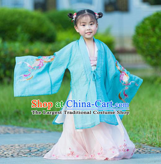 Chinese Traditional Girls Embroidered Blue Cloak and Pink Skirt Ancient Ming Dynasty Princess Costume for Kids