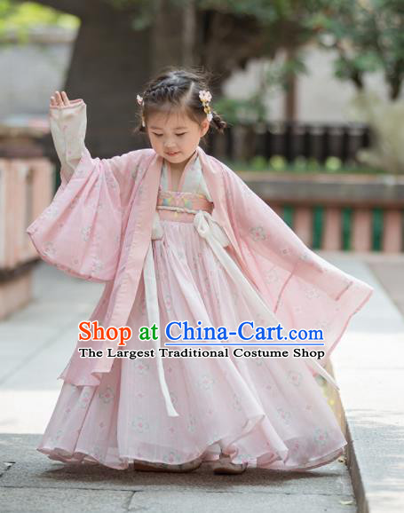 Chinese Traditional Girls Embroidered Pink Blouse and Skirt Ancient Ming Dynasty Princess Costume for Kids