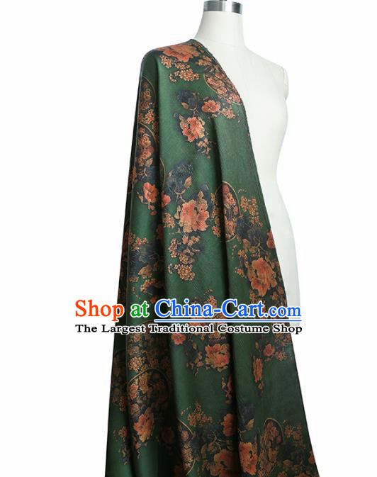 Chinese Classical Peony Plum Pattern Design Green Gambiered Guangdong Gauze Fabric Asian Traditional Cheongsam Silk Material