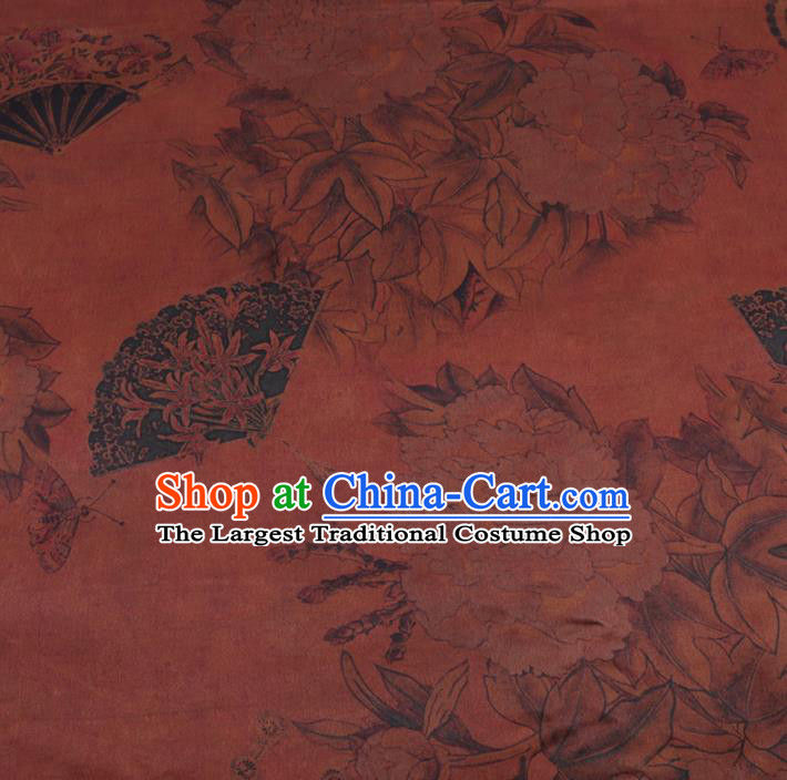 Chinese Classical Peony Fan Pattern Design Rust Red Gambiered Guangdong Gauze Fabric Asian Traditional Cheongsam Silk Material