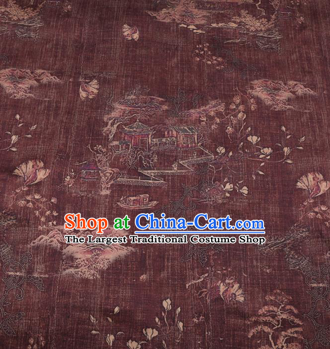 Chinese Classical Pavilions Pattern Design Purplish Red Gambiered Guangdong Gauze Fabric Asian Traditional Cheongsam Silk Material