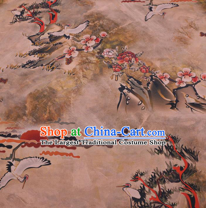 Chinese Classical Crane Plum Pattern Design Khaki Gambiered Guangdong Gauze Fabric Asian Traditional Cheongsam Silk Material