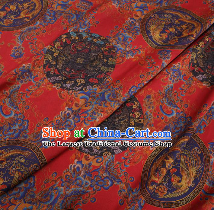 Chinese Classical Printing Dragon Phoenix Pattern Design Red Gambiered Guangdong Gauze Fabric Asian Traditional Cheongsam Silk Material