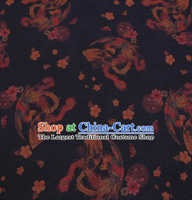 Chinese Classical Printing Phoenix Pattern Design Black Gambiered Guangdong Gauze Fabric Asian Traditional Cheongsam Silk Material