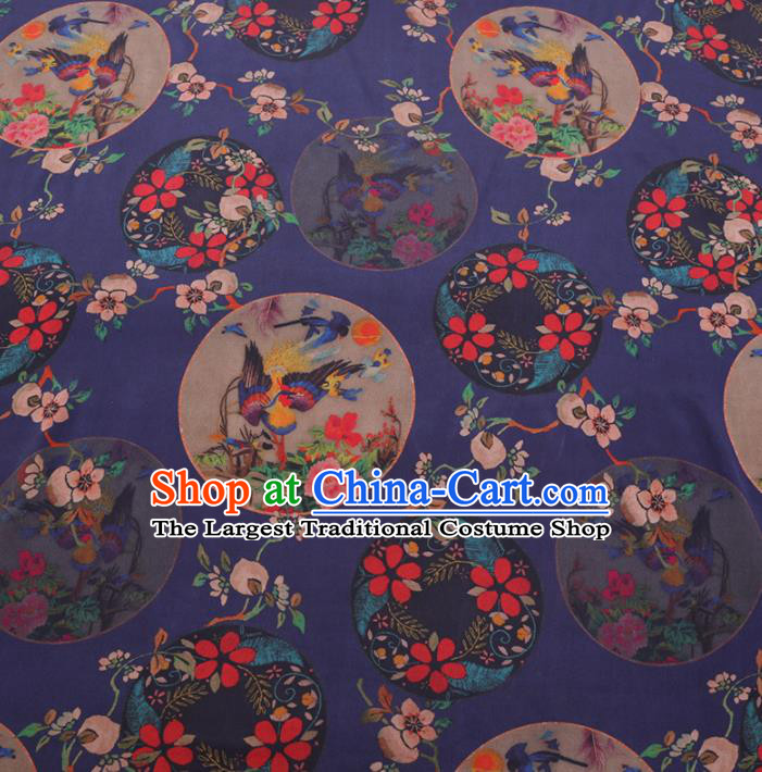 Chinese Classical Printing Peony Birds Pattern Design Deep Blue Gambiered Guangdong Gauze Fabric Asian Traditional Cheongsam Silk Material