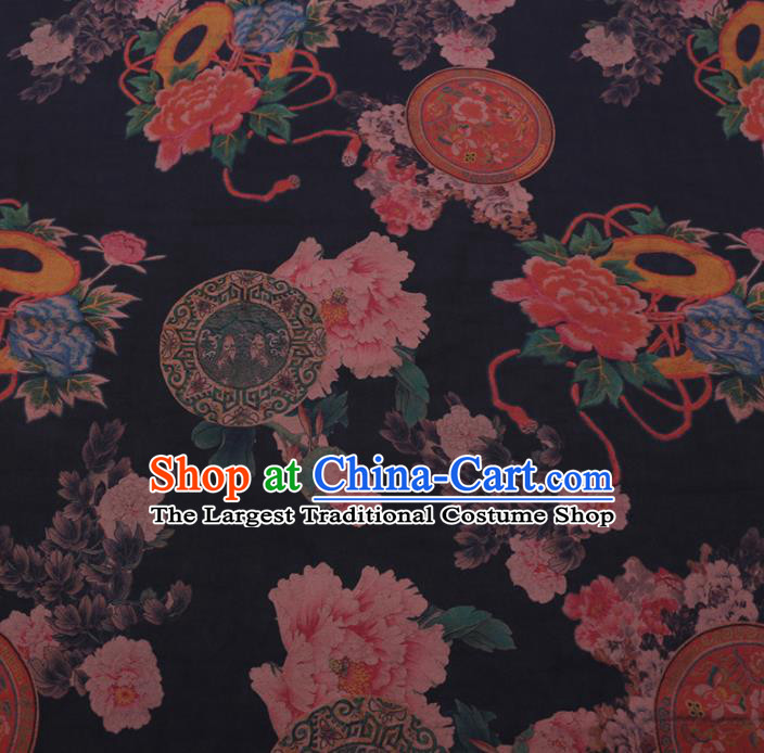 Chinese Classical Printing Peony Fan Pattern Design Black Gambiered Guangdong Gauze Fabric Asian Traditional Cheongsam Silk Material