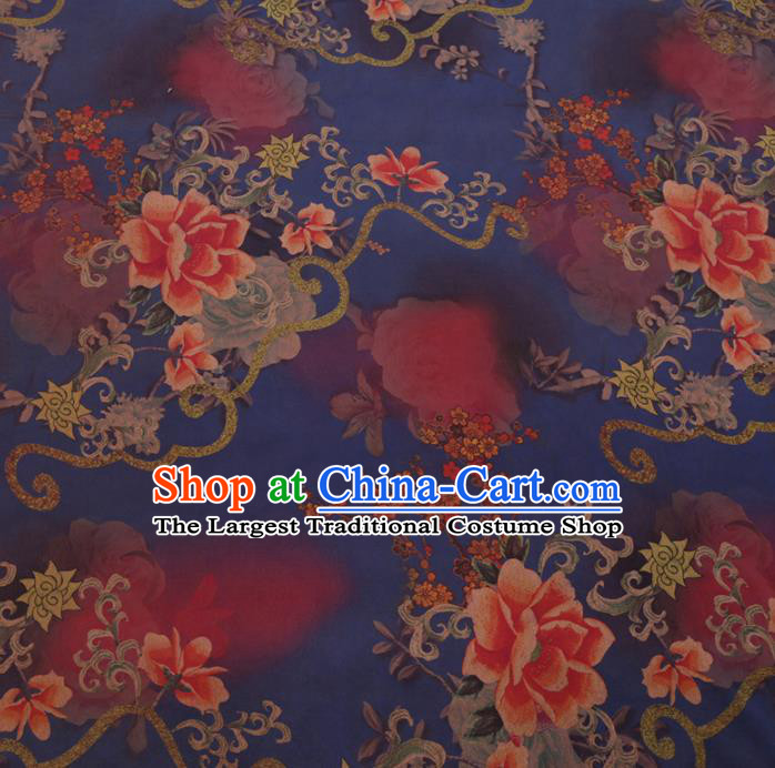 Chinese Classical Printing Peony Plum Pattern Design Deep Blue Gambiered Guangdong Gauze Fabric Asian Traditional Cheongsam Silk Material