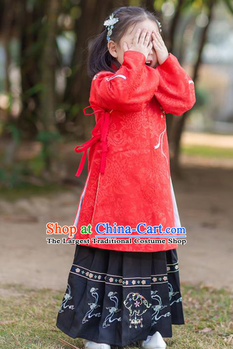 Chinese Traditional Girls Embroidered Red Blouse and Black Skirt Ancient Ming Dynasty Princess Costume for Kids