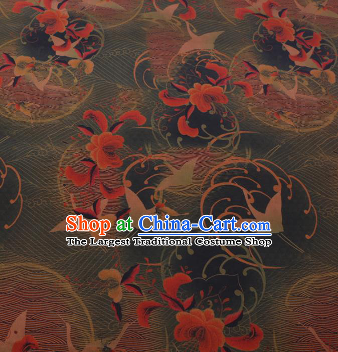 Chinese Classical Printing Crane Pattern Design Atrovirens Gambiered Guangdong Gauze Fabric Asian Traditional Cheongsam Silk Material