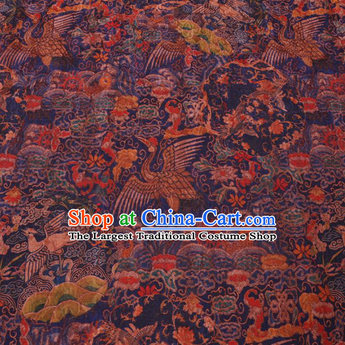 Chinese Classical Printing Cranes Pattern Design Deep Blue Gambiered Guangdong Gauze Fabric Asian Traditional Cheongsam Silk Material