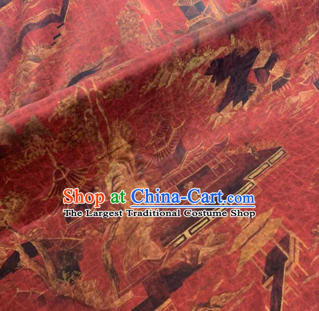 Asian Chinese Traditional Pavilions Pattern Design Red Gambiered Guangdong Gauze Fabric Silk Material