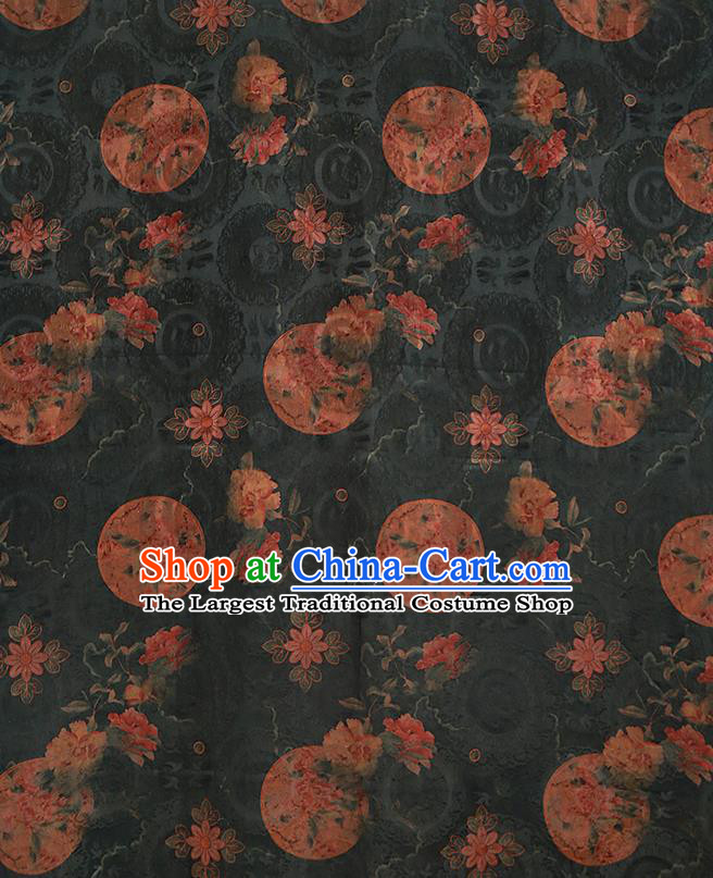 Chinese Classical Printing Peony Pattern Design Atrovirens Gambiered Guangdong Gauze Fabric Asian Traditional Cheongsam Silk Material