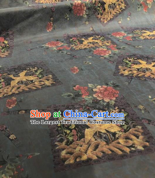 Asian Chinese Traditional Crane Peony Pattern Design Black Gambiered Guangdong Gauze Fabric Silk Material