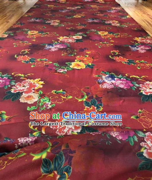 Asian Chinese Traditional Peony Pattern Design Red Gambiered Guangdong Gauze Fabric Silk Material