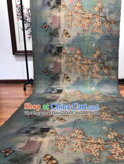 Asian Chinese Traditional Pear Flowers Pattern Design Blue Gambiered Guangdong Gauze Fabric Silk Material