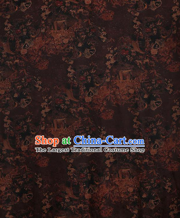 Chinese Classical Jacquard Plum Pattern Design Deep Brown Gambiered Guangdong Gauze Fabric Asian Traditional Cheongsam Silk Material