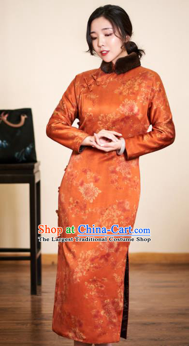 Traditional Chinese Graceful Printing Orange Cheongsam Silk Qipao Dress for Women