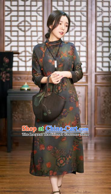 Traditional Chinese National Graceful Deep Grey Cheongsam Tang Suit Silk Qipao Dress for Women