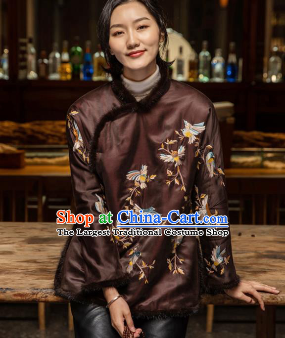 Top Grade Traditional Chinese National Embroidered Brown Cotton Wadded Coat Tang Suit Silk Upper Outer Garment for Women