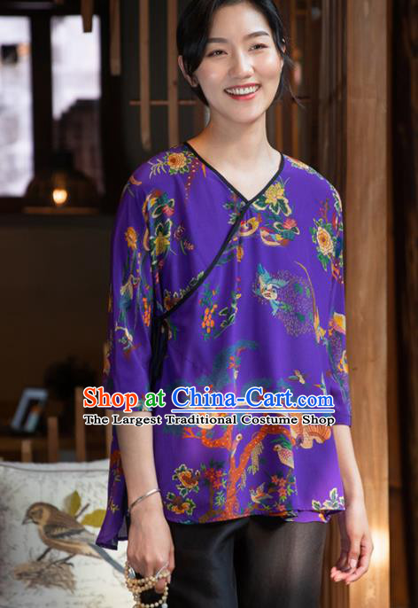 Top Grade Traditional Chinese National Printing Purple Silk Blouse Tang Suit Upper Outer Garment for Women