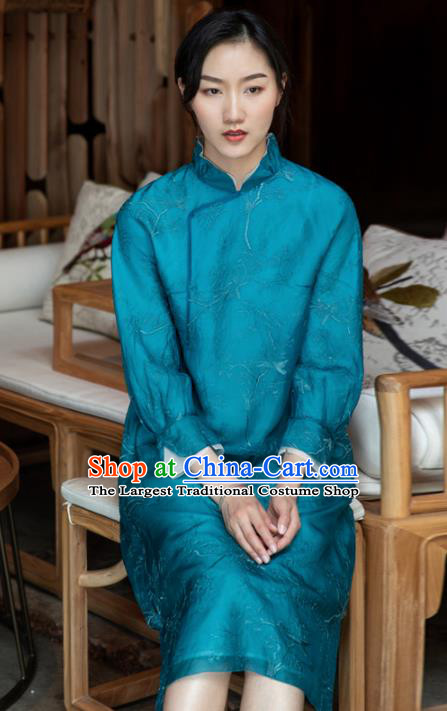 Traditional Chinese National Graceful Embroidered Blue Organza Cheongsam Tang Suit Qipao Dress for Women