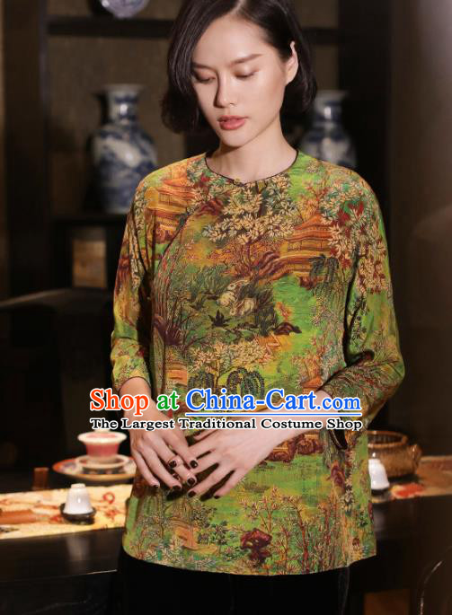 Top Grade Traditional Chinese National Printing Green Silk Blouse Tang Suit Upper Outer Garment for Women