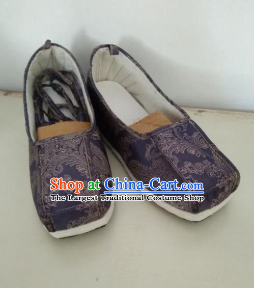 Chinese Kung Fu Shoes Deep Purple Brocade Shoes Traditional Hanfu Shoes Opera Shoes for Men