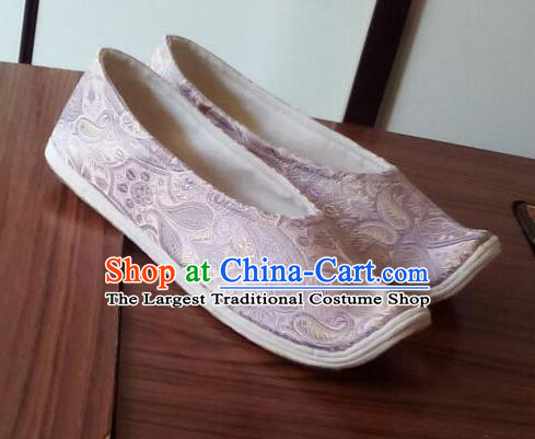 Chinese Traditional Handmade Lilac Brocade Bow Shoes Opera Shoes Hanfu Shoes Ancient Princess Shoes for Women