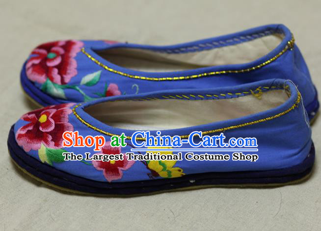 Chinese Traditional Embroidered Peony Butterfly Blue Shoes Hanfu Shoes for Women