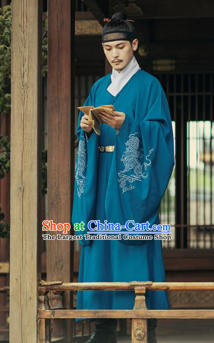 Chinese Ancient Taoist Priest Blue Robe Traditional Ming Dynasty Scholar Costumes for Men