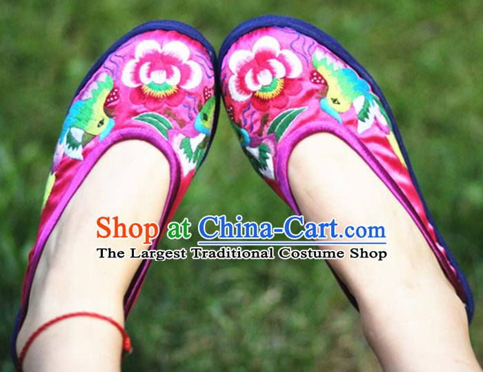 Chinese Traditional National Embroidered Mandarin Duck Peony Rosy Slippers Hanfu Shoes for Women