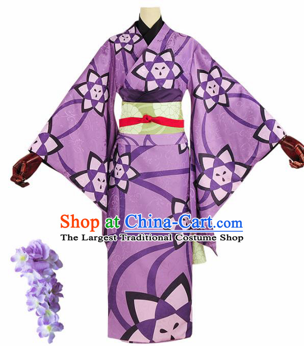 Japanese Cosplay Geisha Purple Kimono Dress Traditional Ancient Courtesan Costume for Women