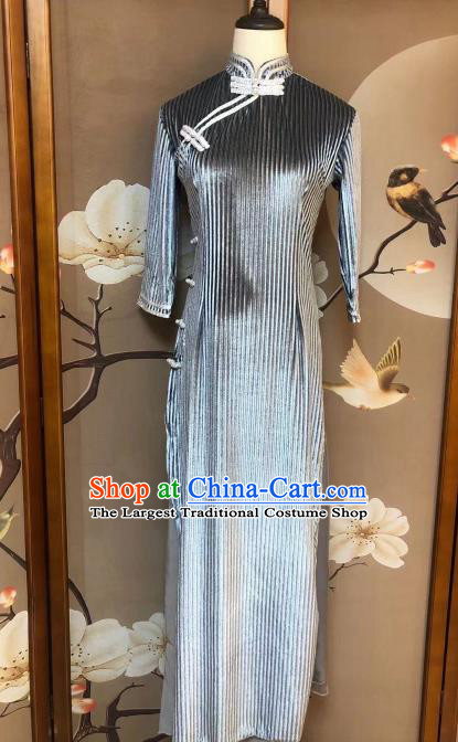 Chinese Classical Dance Grey Qipao Dress Traditional Stage Show Costume for Women