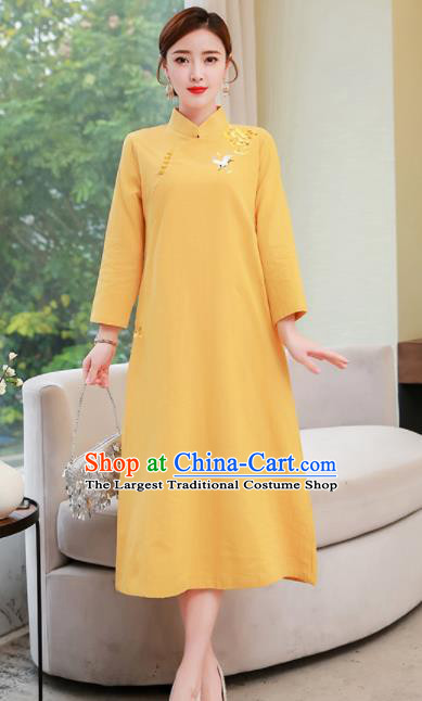 Chinese Traditional Compere Embroidered Yellow Cheongsam Costume China National Qipao Dress for Women