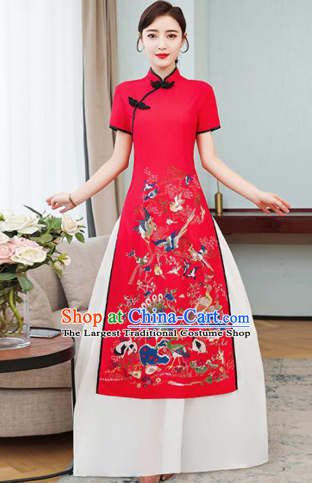 Vietnamese Traditional Printing Costume Vietnam Red Ao Dai Dress for Women