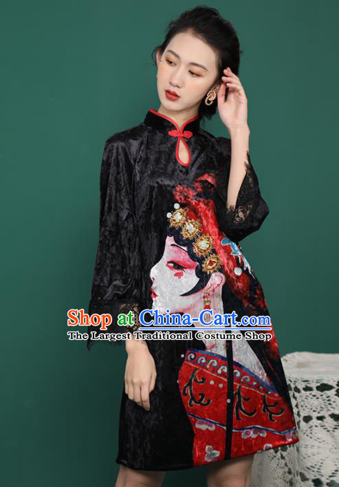 Chinese Traditional Compere Printing Black Velvet Cheongsam Costume China National Qipao Dress for Women