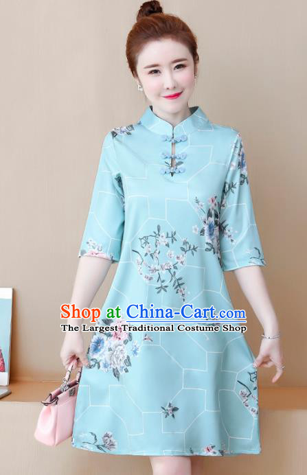 Chinese Traditional Printing Light Blue Cheongsam Costume China National Qipao Dress for Women