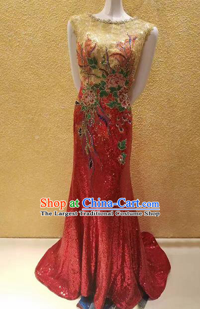 Custom Compere Embroidered Paillette Red Full Dress Wedding Bride Costumes Top Grade Bridal Gown for Women