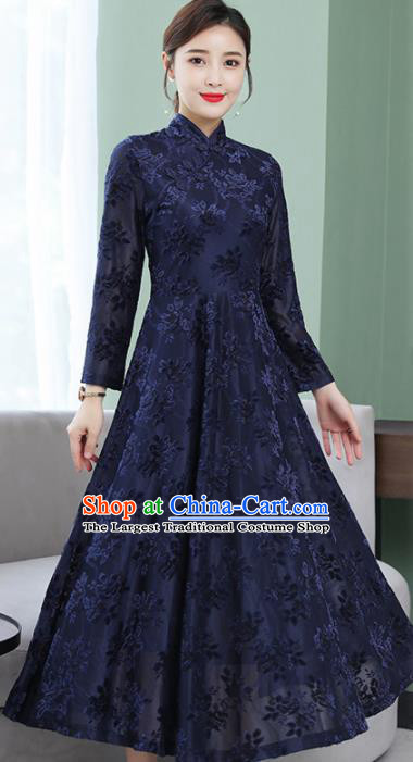 Chinese Traditional Embroidered Navy Mother Cheongsam Costume China National Qipao Dress for Women