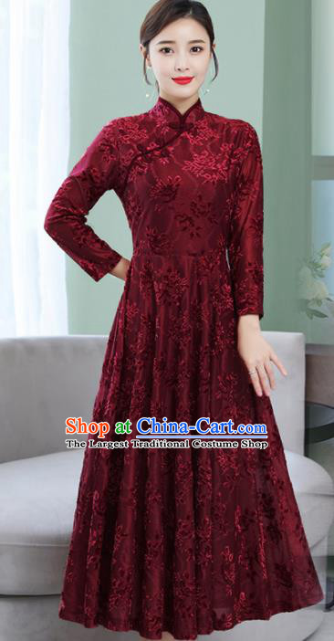 Chinese Traditional Embroidered Wine Red Mother Cheongsam Costume China National Qipao Dress for Women